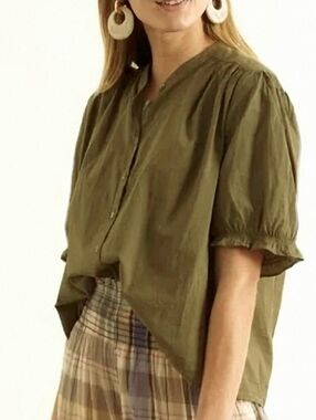 XiRENA Olive Green Eden Puff Sleeve Cotton Shirt, Size XS (runs big)